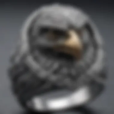 Close-up of a silver eagle ring with detailed craftsmanship