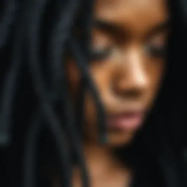 Close-up of dread extensions in natural hair.