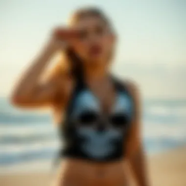 Artistic representation of a skull tankini bathing suit on a beach