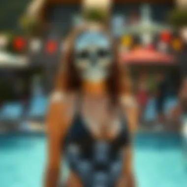 Fashionable individual showcasing a skull tankini at a pool party