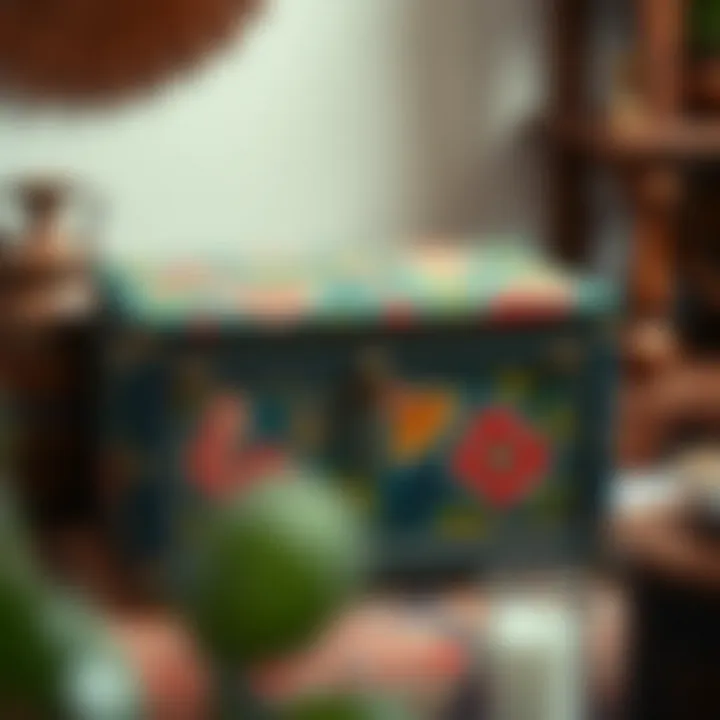 Culturally Inspired Fabric-Lined Decorative Chest Colorful fabric-lined decorative chest displaying cultural motifs