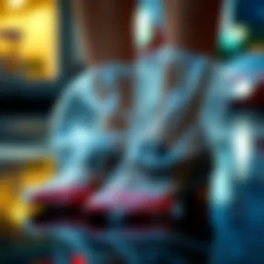 A stylish pair of shoes covered with transparent plastic covers in the rain