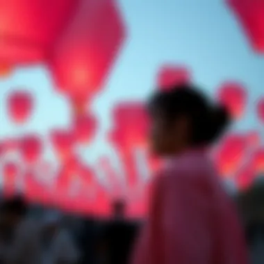 An artistic display of pink sky lanterns reflecting cultural significance in various traditions