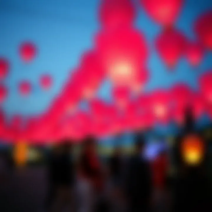 A festive gathering featuring pink sky lanterns, symbolizing celebration and joy