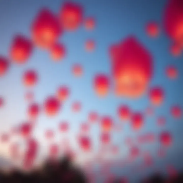 A serene sunset scene with pink sky lanterns floating into the evening sky