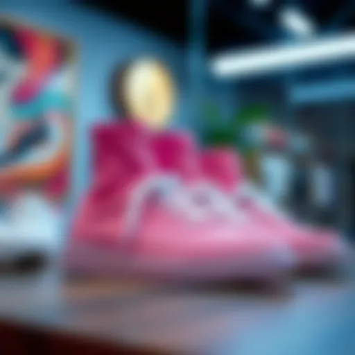 Stylish pink sock sneakers showcased on stylish backdrop