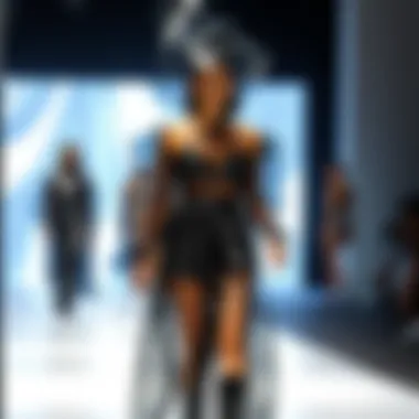 A modern runway featuring garments accentuated by black cellophane elements.