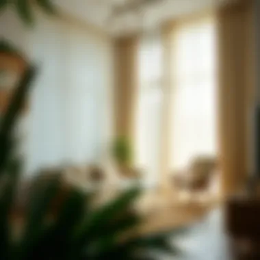 Stylish living space with natural light filtered through sheer curtains