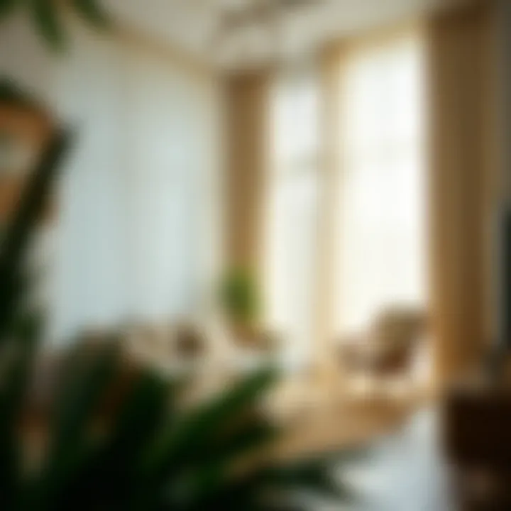 Stylish living space with natural light filtered through sheer curtains