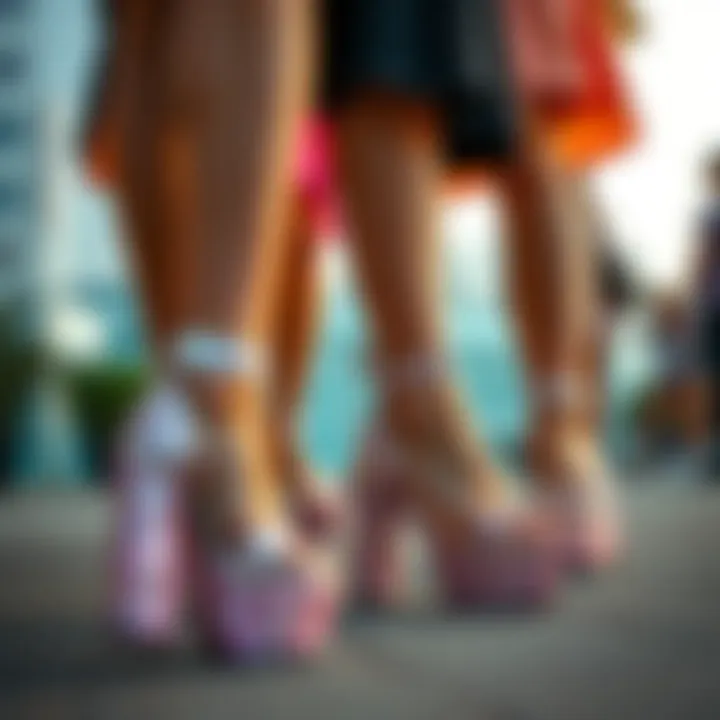 A vibrant fashion scene featuring individuals confidently wearing glitter platform sandals