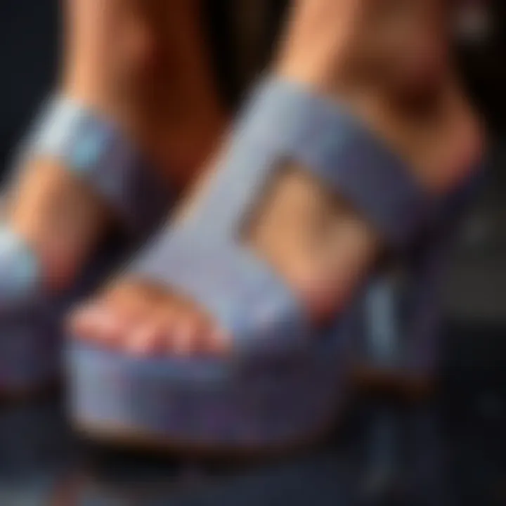 A close-up of the sustainable materials used in making glitter platform sandals