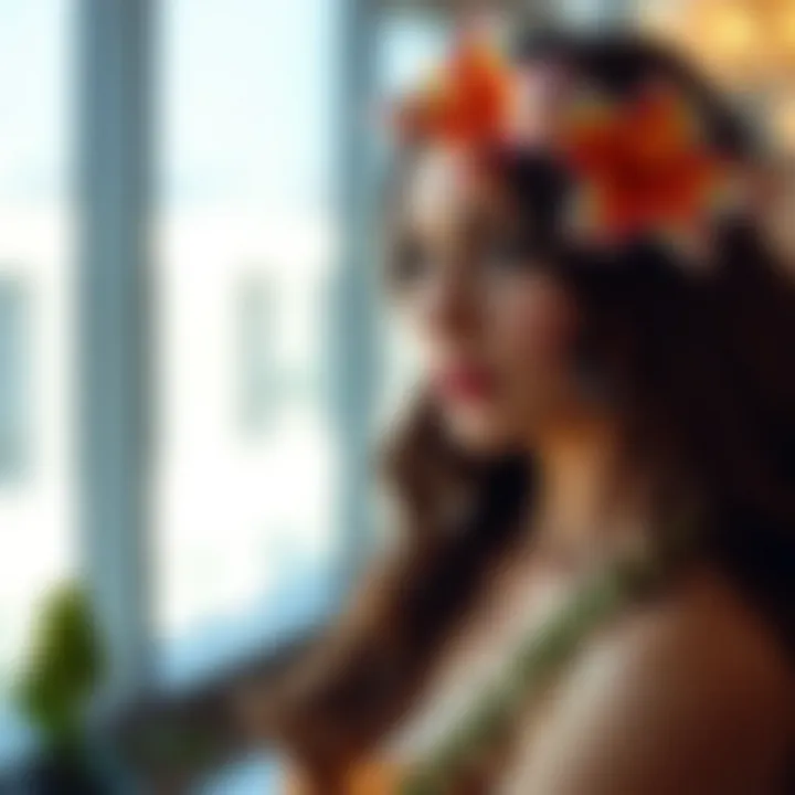 A model wearing a stylish Hawaiian flower hair piece in a modern setting
