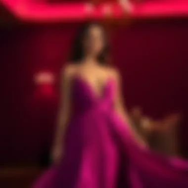 Sophistication in a Flowing Magenta Gown An elegant evening scene featuring a woman wearing a flowing magenta gown under ambient lighting, radiating sophistication.