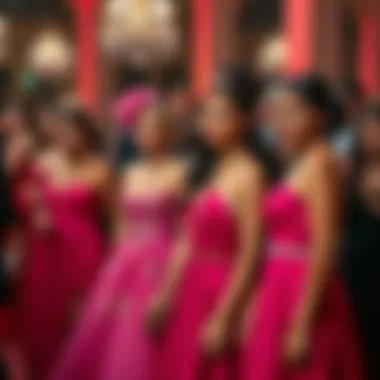 Diverse Styles of Magenta Gowns at a Gala Group of women in magenta evening gowns at a gala, showcasing diverse styles and accessories that complement vibrant hues.