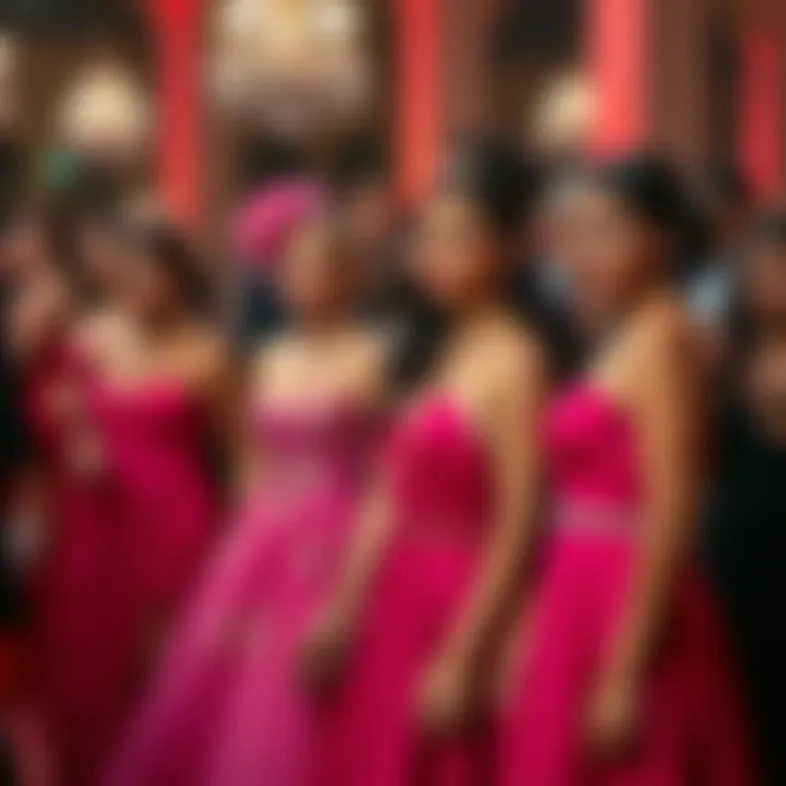 Diverse Styles of Magenta Gowns at a Gala Group of women in magenta evening gowns at a gala, showcasing diverse styles and accessories that complement vibrant hues.