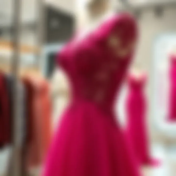 Intricate Lace Detailing on a Magenta Evening Gown A stunning magenta evening gown adorned with intricate lace detailing, elegantly displayed on a mannequin in an upscale boutique.