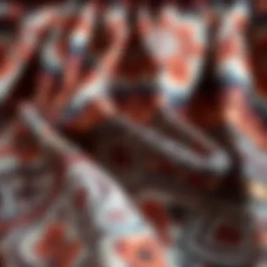 Close-up of intricate fabric patterns in a skirt set
