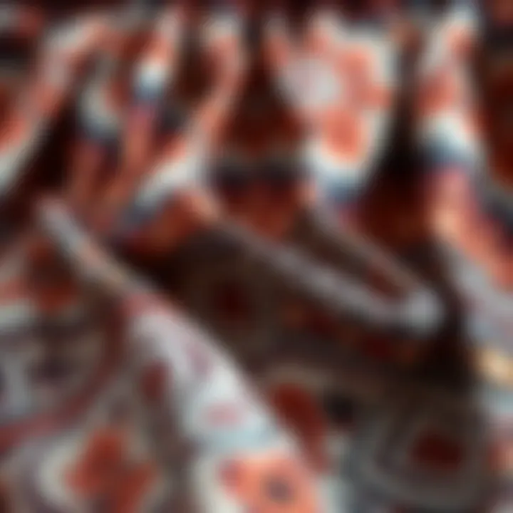 Close-up of intricate fabric patterns in a skirt set
