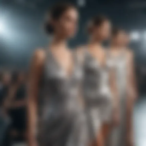 An elegant display of draped sequin dresses on a runway showcasing contemporary designs.