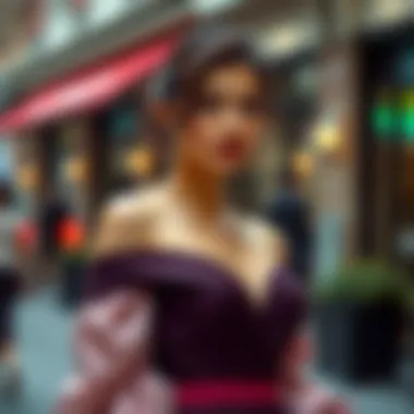 Stylish accessories paired with an off shoulder long sleeve cocktail dress