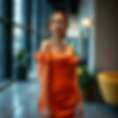 Fashion-forward off shoulder long sleeve cocktail dress in a modern setting