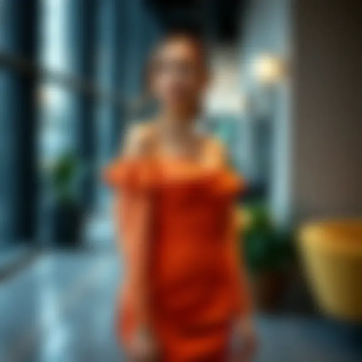 Fashion-forward off shoulder long sleeve cocktail dress in a modern setting