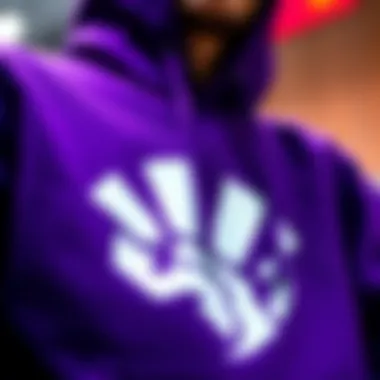 Close-up of unique graphic design on a purple hoodie