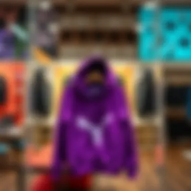 Vibrant purple graphic hoodie displayed on a stylish backdrop