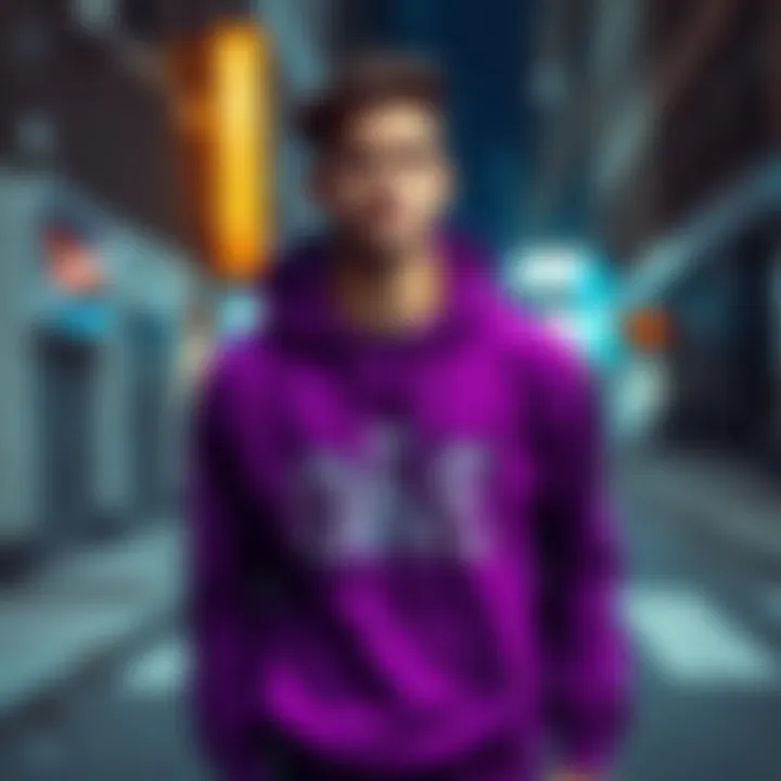 Fashionable outfit featuring a purple graphic hoodie in urban setting