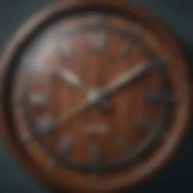 Close-up of the materials used in a vintage round wall clock, showcasing wood and metal.