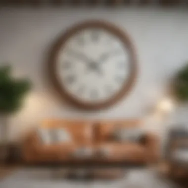 A vintage round wall clock elegantly displayed in a modern living room setting.