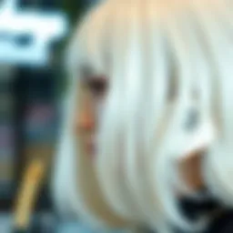 A close-up of a stunning white wig with bangs styled elegantly.
