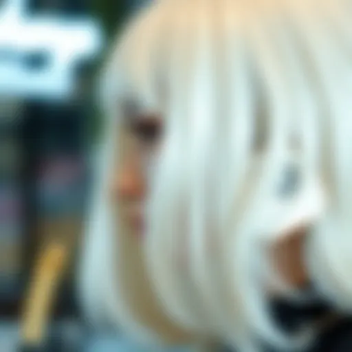 A close-up of a stunning white wig with bangs styled elegantly.