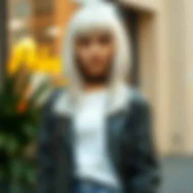 Stylish contemporary look showcasing a white wig in everyday fashion.