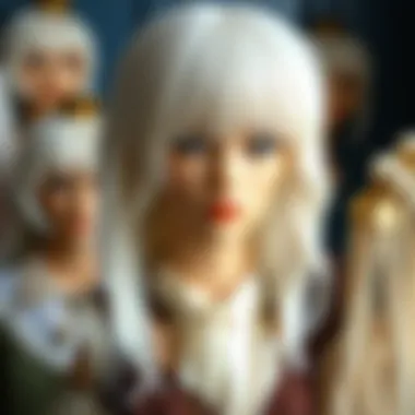 Historical display of white wigs from different eras.