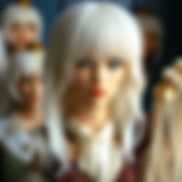 Historical display of white wigs from different eras.