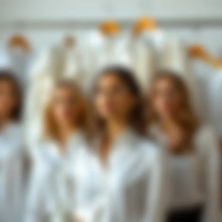 Diverse Fabric Choices A collection of various white blouses in different fabrics and styles arranged aesthetically.