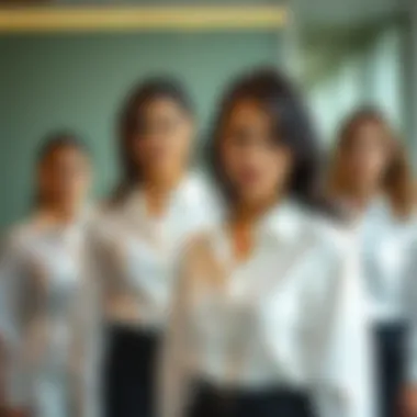 Professional Versatility A professional setting featuring individuals wearing tailored white blouses, exemplifying versatility.