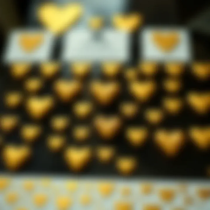 Artistic Display of Gold Heart Nail Sticker Designs Artistic showcase of gold heart nail stickers in various designs and shapes