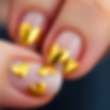 Close-Up of Gold Heart Nail Art Close-up of beautifully applied gold heart nail stickers on a manicure