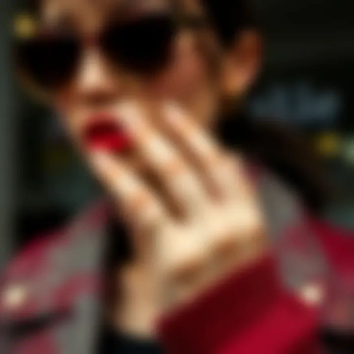 Fashion-Forward Look with Gold Heart Nail Stickers Fashion-forward nail art showcasing gold heart stickers with stylish outfit