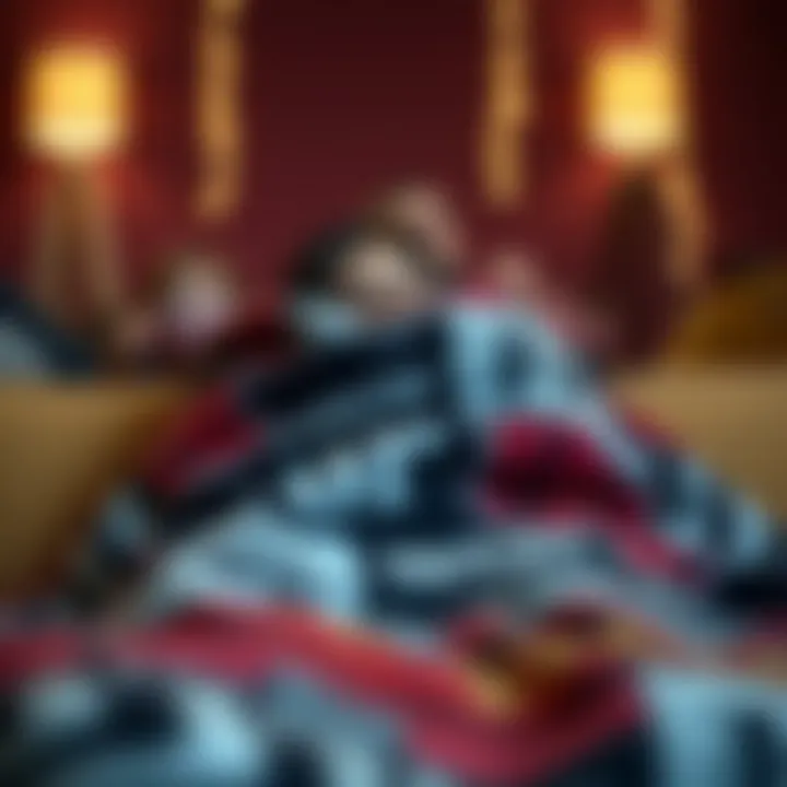 A person wrapped in a movie themed throw blanket while watching a film