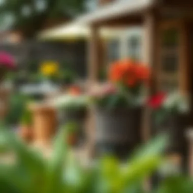 Outdoor setting adorned with wicker flower stands