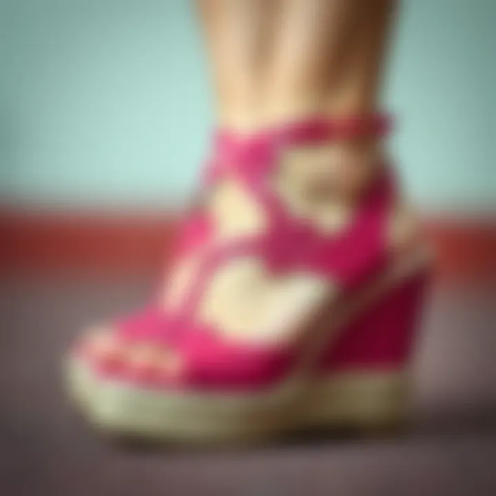 Close-up of fuchsia pink wedge sandals showcasing intricate craftsmanship