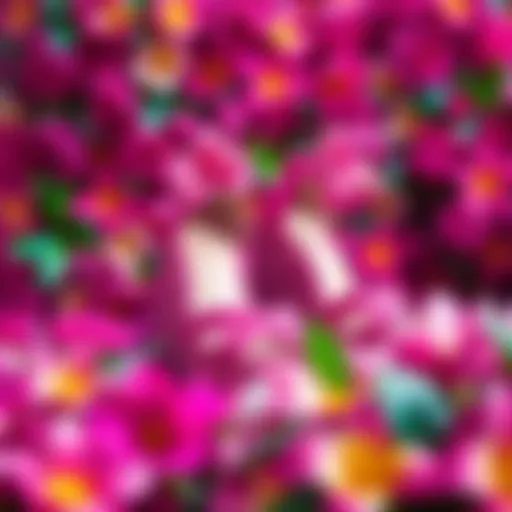 Vibrant Display of Fuchsia Pink Wedge Sandals Fuchsia pink wedge sandals resting on a vibrant floral background