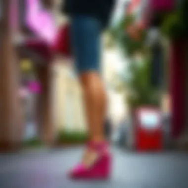 A stylish outfit featuring fuchsia pink wedge sandals in a chic urban setting