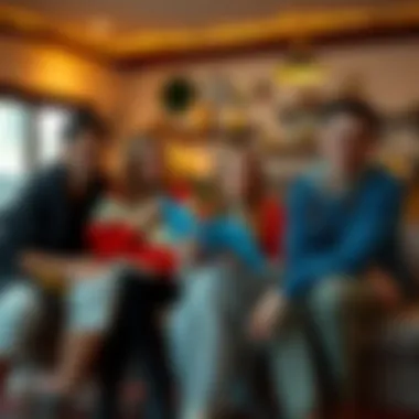 Group of friends enjoying together in a cozy setting with wearable blankets