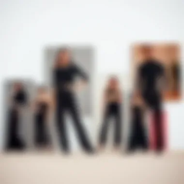 A mood board featuring various styling options for black tops and pants.