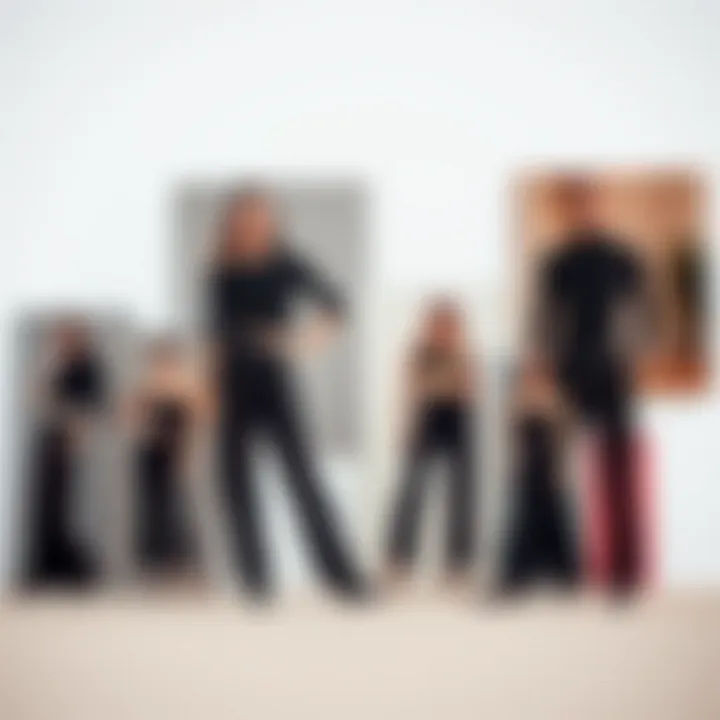 A mood board featuring various styling options for black tops and pants.