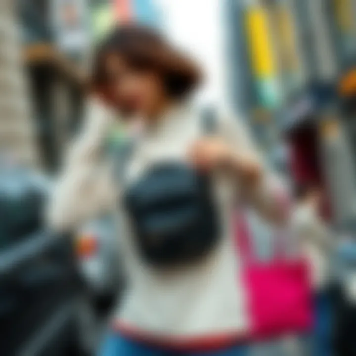 A model demonstrating the versatility of a crossbody bag with coin purse in an urban setting.